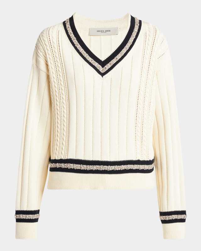 Golden Embellished V-Neck Varsity Sweat
